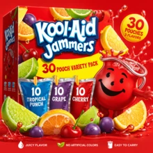 Kool-Aid -Aid Jammers Drink, 30 Pouches, For School Lunches And On-The-Go Hydration, Artificially Flavored Tropical Punch, Grape And Cherry Flavors, 6 Fl Oz - Variety Pack - View 1