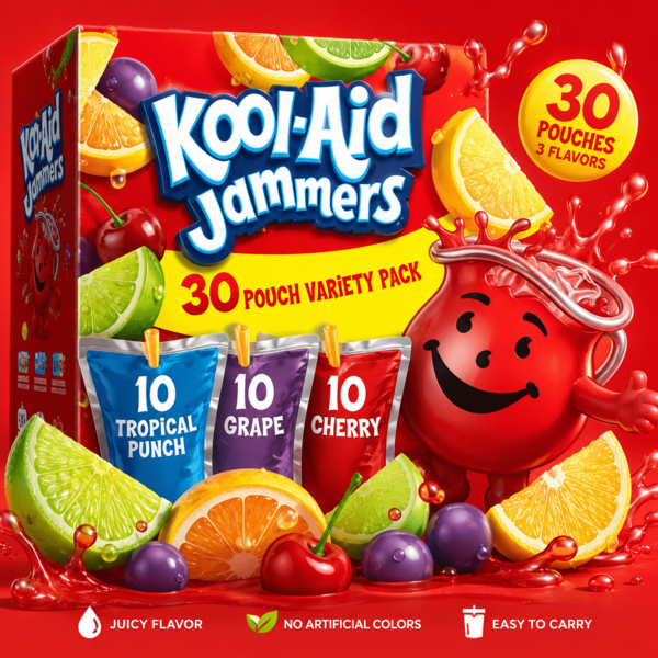 Kool-Aid -Aid Jammers Drink, 30 Pouches, For School Lunches And On-The-Go Hydration, Artificially Flavored Tropical Punch, Grape And Cherry Flavors, 6 Fl Oz