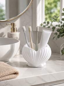 1pc White Pearl Luster Shell Shaped Toothbrush Holder, Modern Bathroom Countertop Toothbrush & Toothpaste Storage Rack, Cute Vanity Oral Care Storage Cup, Decorative Sink Accessory, Toothbrush Holder, Bathroom Accessory - Multicolor - View 8