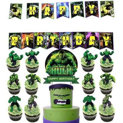 綠色主題生日派對裝飾套裝，紙製橫幅與蛋糕裝飾套裝，男孩英雄風格生日場景裝飾用品