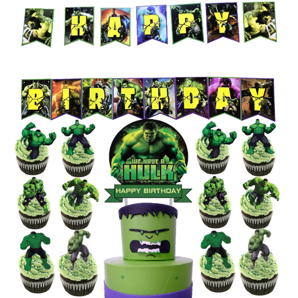 Groen thema verjaardagsfeest decoratieset, papieren banner en taarttopper set, jongens heldenstijl verjaardagsscene decoratiebenodigdheden