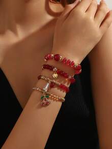 Set Gelang Manik-Manik ABS Merah dan Liontin Ceri Multifungsi 4 Buah/Set, Cocok untuk Pemakaian Sehari-hari dan Liburan Wanita - Merah - View 3