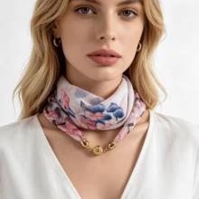 1pc Women's Magnetic Buckle Scarf, Ditsy Floral Lightweight Translucent Chiffon Neck Scarf, Decorative Travel & Photography Clothing Accessory, Slouchy Quick & Easy Tie Scarf, Ditsy Floral Pattern Print With Exquisite Scarf Buckle Decoration, Suitable For Daily Commute, Casual, Party, Travel, Photography, Minimalist & Fashion Style, Very Lightweight, More Suitable As A Decorative Accessory - Multicolor - View 2