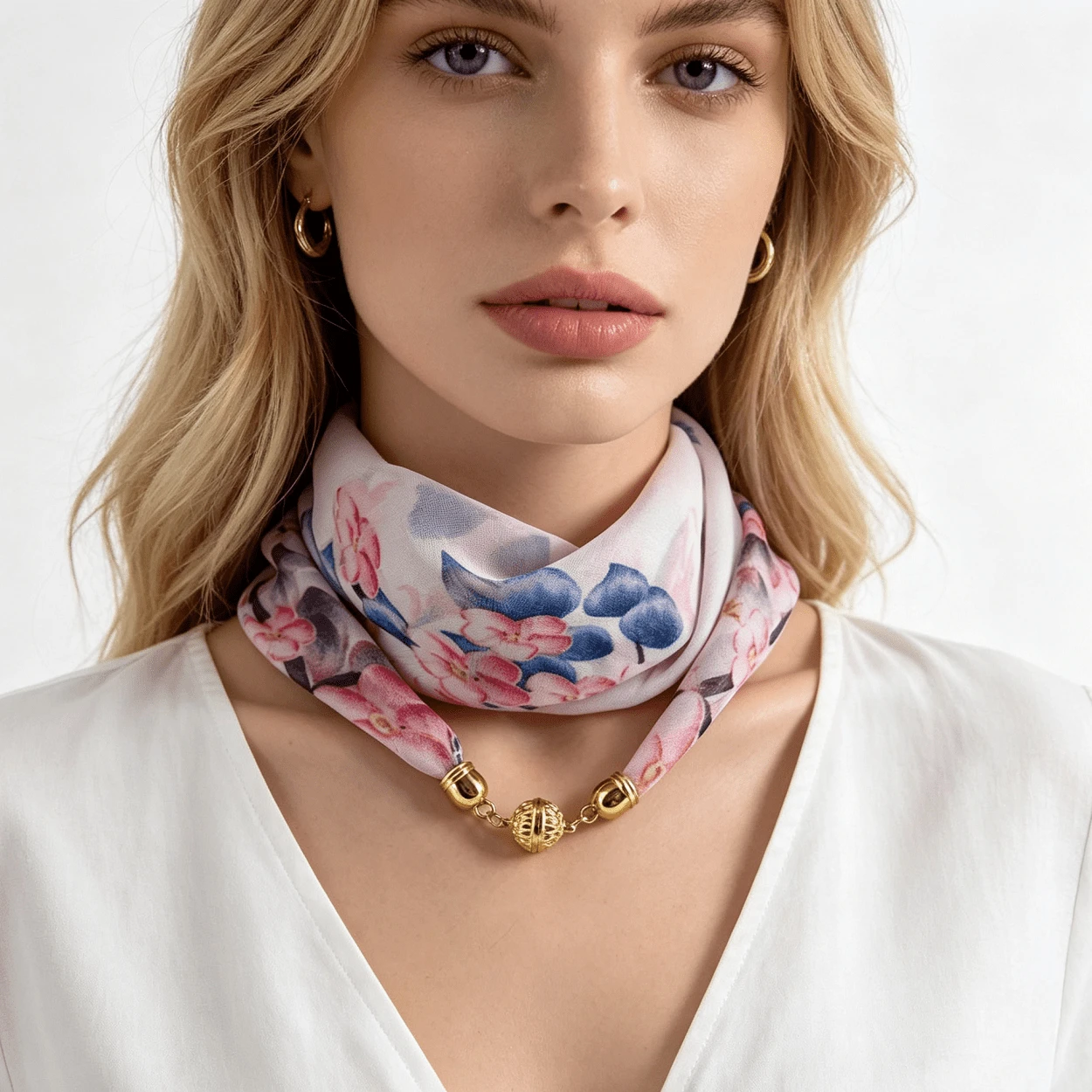 1pc Women's Magnetic Buckle Scarf, Ditsy Floral Lightweight Translucent Chiffon Neck Scarf, Decorative Travel & Photography Clothing Accessory, Slouchy Quick & Easy Tie Scarf, Ditsy Floral Pattern Print With Exquisite Scarf Buckle Decoration, Suitable For Daily Commute, Casual, Party, Travel, Photography, Minimalist & Fashion Style, Very Lightweight, More Suitable As A Decorative Accessory