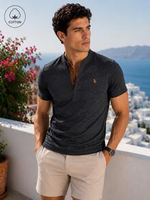 Men's Knight Embroidery Button Placket Short Sleeve Polo Shirt - Dark Grey - View 1