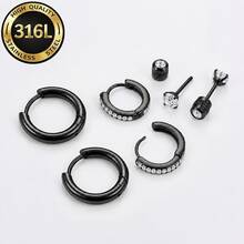 High Quality 6pcs/Set 316L Stainless Steel Hoop Earrings, Gold/Black/Rose Gold/Silver, Elegant, Fashionable, Hypoallergenic Zirconia Stud Earrings, Lightweight Fit Earrings, Daily Wear Pierced Jewelry, Unisex Exquisite Earrings - Multicolor - View 13