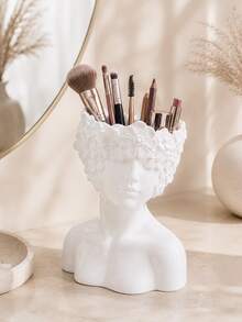 French Style Glossy White Floral Relief Bust Resin Storage Box, Multi-Functional Makeup Brush Holder, Pen Holder And Dried Flower Vase, Vanity Decor, Artistic Birthday Gift For Her - Face Storage - View 2