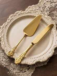 Cirelle 2pcs Vintage Royal Cake Serving Set, Elegant Stainless Steel Cake Knife And Cake Server, Polished Mirror Finish, Suitable For Dishwashing,  Tableware,Bachelor Party, Party Supplies, Travel Set,Graduation, Cooking Utensil Set - Multicolor - View 1