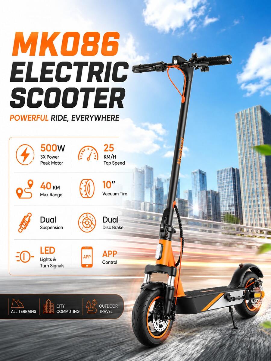 Mankeel MK086 Urban Commuter Electric Scooter – 800W Peak Power, 38.6 Km/H Top Speed & 38.6 Km Maximum Range, 10-Inch Tubeless Tires, Long-Range Battery, Dual Disc Brakes & App Control, LED Headlight, Turn Signals, Brake Light – Portable All-Terrain E-Scooter - 查看 1