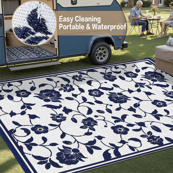 Gdieo Outdoor Rug Waterproof For Patios, Reversible Plastic Straw Camping Carpet, Large Area Rugs Mats For RV, Picnic, Backyard, Deck, Balcony, Porch, Beach, Blue&White