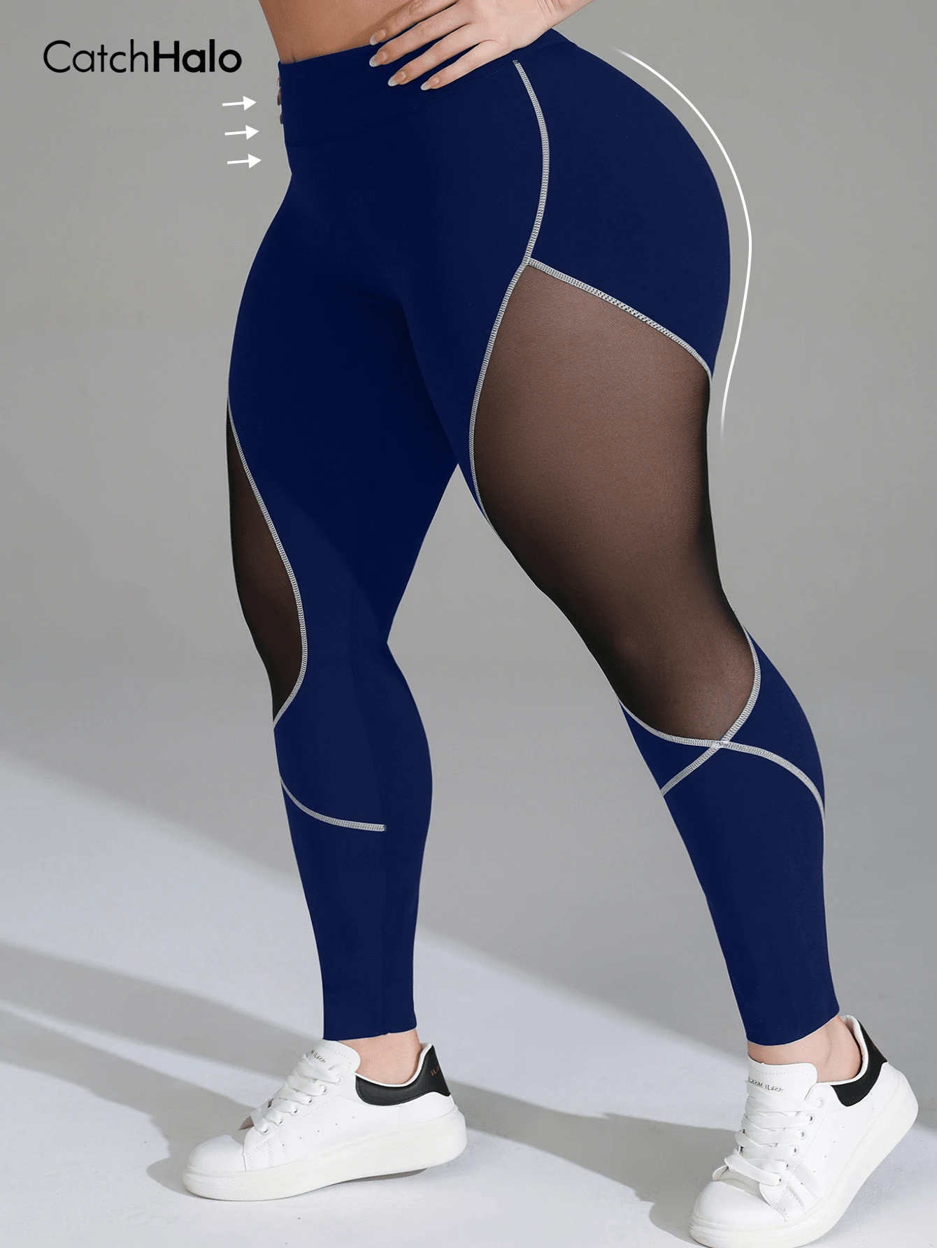 Leggings de yoga de malla con patchwork para mujer de talla grande, cintura alta con costuras de contraste y control de abdomen, pantalones de fitness con elasticidad en 4 direcciones, estilo deportivo de verano