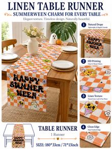 1pc-Happy Summerween Table Runner Retro, Orange Checkerboard Cute Ghost Table Topper, Groovy Spooky Summer Beach Theme Tablecloth Linen For Pool Party Kitchen Decor - Multicolor - View 3