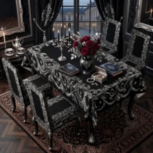 1/4/5/6/7 pezzi Set di coprisedia/coprisedia con stampa a motivo barocco nero & argento, adatto per interni domestici, ristoranti, hotel, scelta ideale per la decorazione quotidiana moderna. Tovaglia adatta per tavolo da pranzo quadrato, coprisedia elastico lavabile. - Multicolore - Visualizzare 5