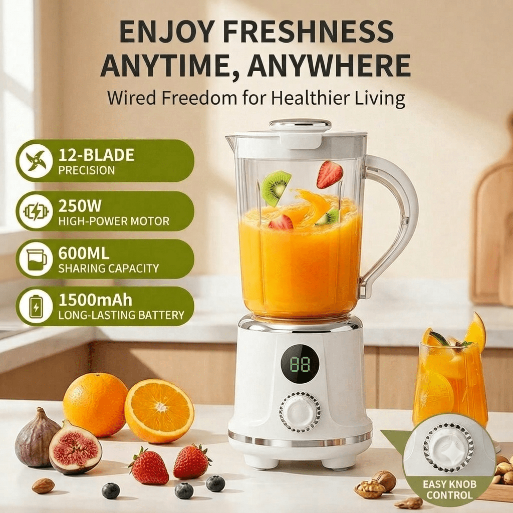 Portable Wireless Blender For Smoothies And Shakes, 600ML Dual-Color Premium Fruit Juicer With 12-Blade Whirlwind Cutter, 1500mAh Battery Rechargeable Juice Extractor, Enjoy Freshness Anytime Anywhere Lifestyle Mixer For Home, Travel, Picnic, Gym