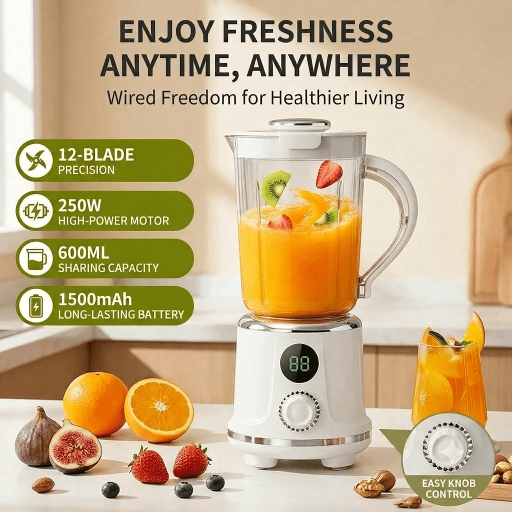 Portable Wireless Blender For Smoothies And Shakes, 600ML Dual-Color Premium Fruit Juicer With 12-Blade Whirlwind Cutter, 1500mAh Battery Rechargeable Juice Extractor, Enjoy Freshness Anytime Anywhere Lifestyle Mixer For Home, Travel, Picnic, Gym - Multicolor - View 1