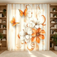2pcs Modern Art-Style Curtains Featuring A 2D Abstract Oil Painting Print Of Orange And White Lilies And Orange Butterflies,Light-Filtering Window Decor Perfect For Creating A Beautiful Atmosphere In The Living Room Or Bedroom - Multicolor - View 6
