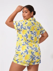 Snug League Marira Curve 2pcs/Set Cute Lemon Print Bow Decor Plus Size Ladies Pajama Set, Includes Short Sleeve Shirt With Collar & Button - Yellow - View 3