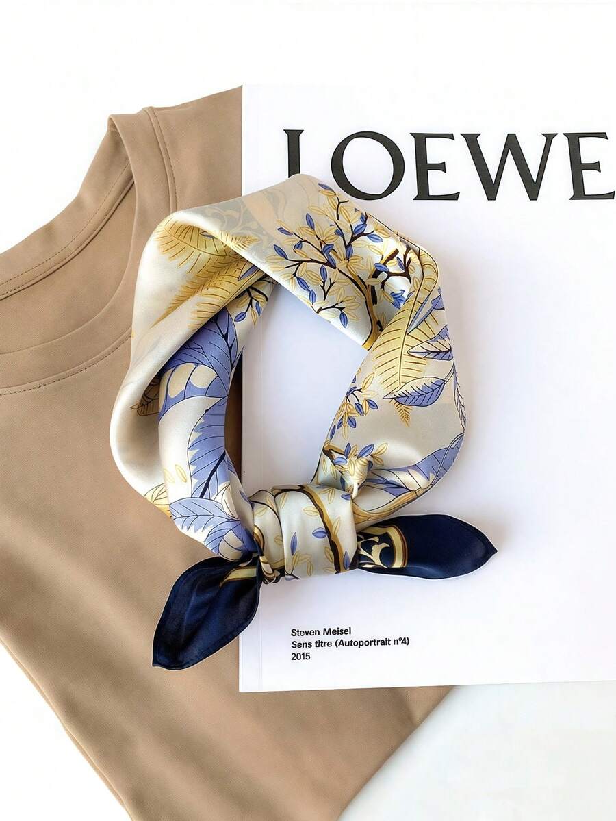 1pc Silk-Like Printed Square Scarf, Daily Essential Versatile Accessory, Can Be Used As Hair Accessory, Fashionable And Easy To Match - Blue - View 1