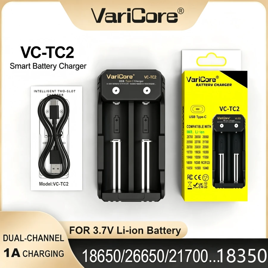 شاحن بطارية VariCore، يدعم 2A، مدخل USB Type-C عالمي، مناسب لشحن بطاريات NiMH AA AAA 1.2V و Li-Ion 18650 26650 21700 3.7V، إكسسوار إلكتروني أساسي ومريح للمنزل - الأسود - مشاهدة 1
