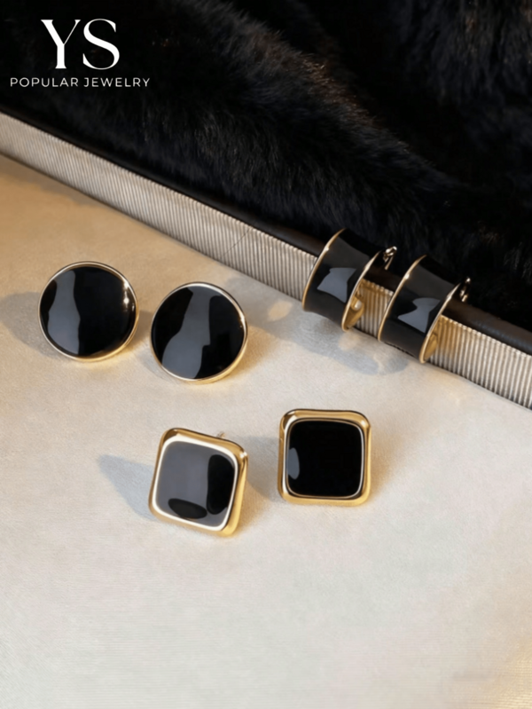 3 Paar Damen Emaille Tropfen Minimalistische Schwarze Ohrringe Set, Elegante Hochwertige Schwarze Schmuck, C-förmige Ohrstecker
