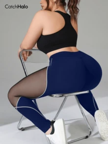 Leggings de yoga de malla con patchwork para mujer de talla grande, cintura alta con costuras de contraste y control de abdomen, pantalones de fitness con elasticidad en 4 direcciones, estilo deportivo de verano - Dark Blue - Ver 4