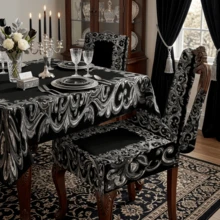 1/4/5/6/7 pezzi Set di coprisedia/coprisedia con stampa a motivo barocco nero & argento, adatto per interni domestici, ristoranti, hotel, scelta ideale per la decorazione quotidiana moderna. Tovaglia adatta per tavolo da pranzo quadrato, coprisedia elastico lavabile. - Multicolore - Visualizzare 6
