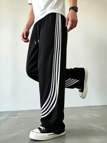 Spring/Summer Casual Color Block Striped Men's Long Pants, Daily Casual Commute - Black - View 2