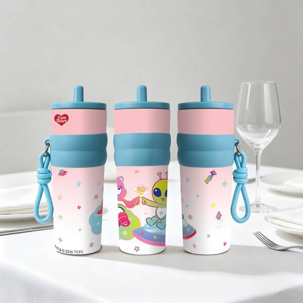 1pc 25oz Care Bears Official Collaboration Insulated Tumbler, Space Alien Gradient Print Straw Cup With Lanyard, Portable Stainless Steel Water Bottle, Aesthetic Coffee Cup For Girls, Students, Office And Commute Gift