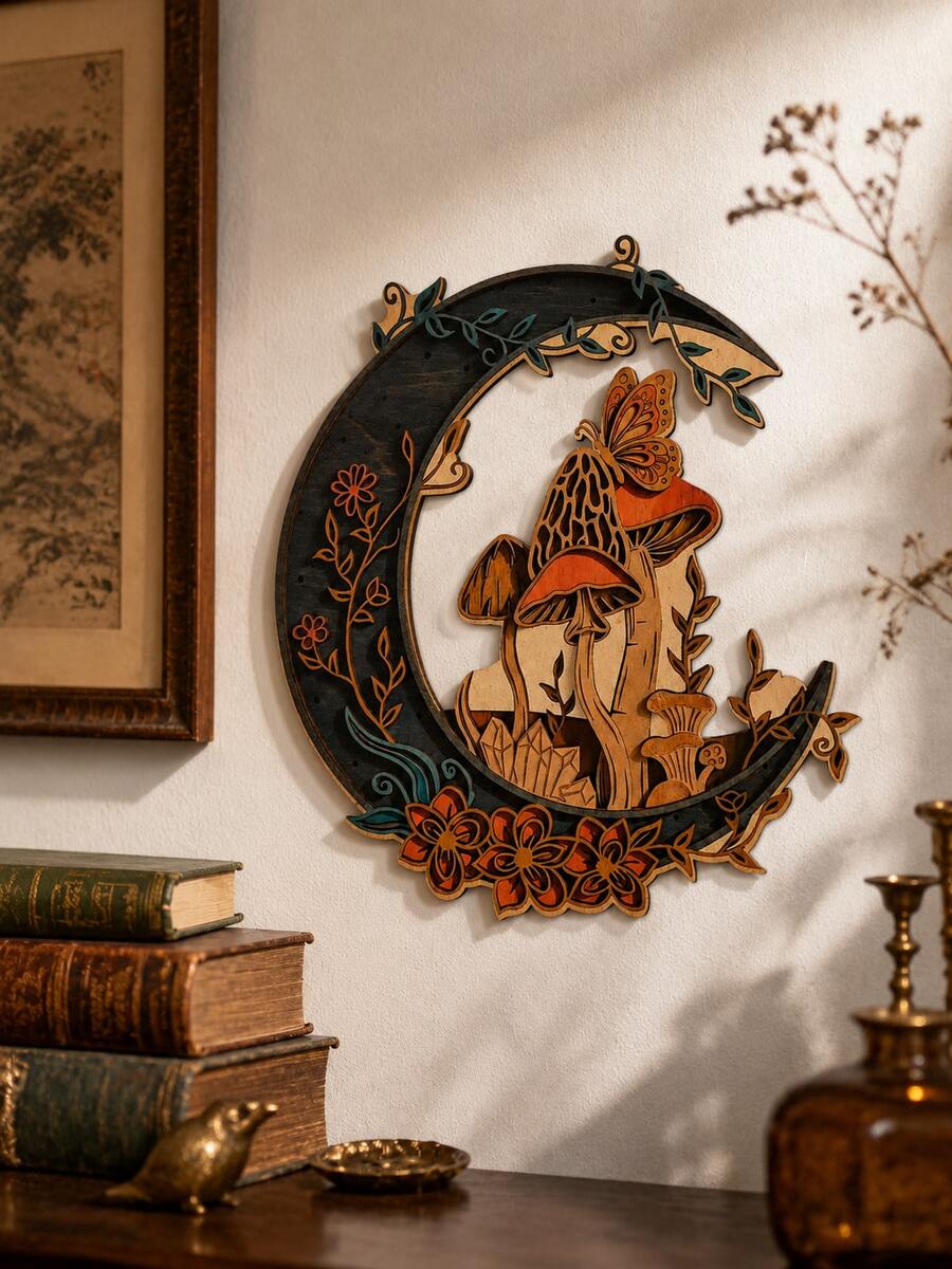 1pc 2D Flat Crescent Moon Wall Decor Plaque, Dark Pastoral Mushroom Butterfly Floral Wall Hanging, Mysterious Bohemian Plant Crystal Vine Wall Ornament, Gothic Crescent Moon Mushroom Wall Plaque, Magic Forest Butterfly Floral Crescent Moon Wall Hanging, Vintage Pastoral Floral Mushroom Crescent Moon Wall Decor, Occult Witchcraft Crystal Mushroom Wall Ornament, Goblin Natural Greenery Crescent Moon Decor Plaque
