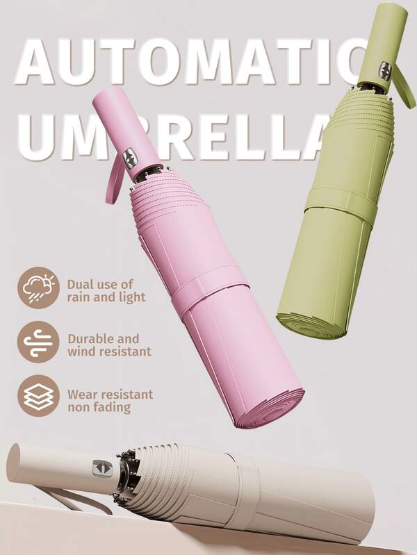 1pc Fully Automatic Windproof Umbrella, Portable Folding Umbrella, 24-Rib Large Size Umbrella, Premium 3-Fold Waterproof Umbrella, Waterproof Umbrella, Large Size Sun & Rain Umbrella, Extra Large 2-Person Umbrella, Solid Color Parasol, UPF50+ UV Protection Umbrella, Black Anti-UV Parasol, Fashion Parasol, Reinforced Heavy Rain Umbrella