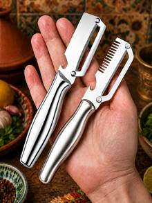 2pcs Stainless Steel Handle Multi-Function Vegetable Peeler, Odorless Stainless Steel Peeler, 2-In-1 And 3-In-1 Kitchen Tool With Scallion Grater And Bottle Opener, Suitable For Home Cooking - Multicolor - View 2