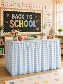 1 Stück Breling Lehrer Schreibtisch Rock, Schulanfang Klassenzimmer & Lehrer Schreibtisch Dekoration, Hellblau karierte Tischdecke Lehrer Schreibtisch Abdeckung, gefaltete karierte Schreibtisch Schürze geeignet für Klassenzimmer Aktivitäten & Partys - Verschiedenfarbig - Übersicht 10