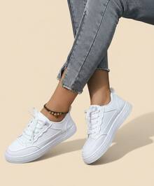 Women White Sneakers Spring Autumn Sport Running Shoes Casual Lace Up Flat Skid-Proof Shoes - White - View 5