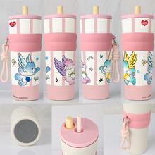 Care Bears Angel Wings Insulated Tumbler, Pink And White Striped Gradient Bear Portable Straw Cup With Lanyard, High Aesthetic Water Bottle, 1pc 25oz - 750ml - View 2