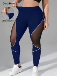 Leggings de yoga de malla con patchwork para mujer de talla grande, cintura alta con costuras de contraste y control de abdomen, pantalones de fitness con elasticidad en 4 direcciones, estilo deportivo de verano - Dark Blue - Ver 5