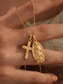 1pc Bohemian Style Virgin Mary And Gold Cross Pendant Necklace, Vintage Stainless Steel Double Pendant Necklace Jewelry, Waterproof, Birthday And Mother's Day Gift, Father's Day Gift, Baptism Gift, Family Gift, Fashion Daily Accessory - Gold - View 2