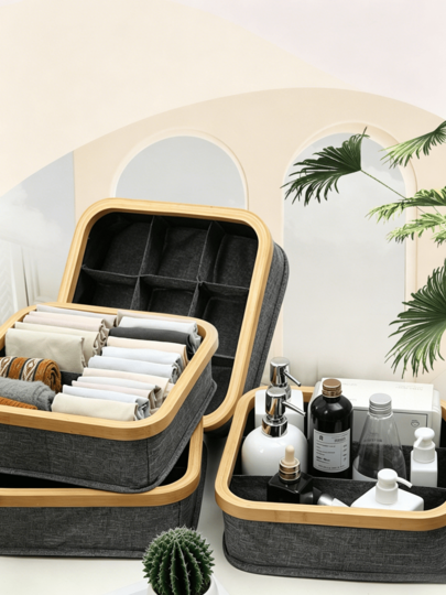 1pc Household Compartment Storage Box, Bamboo Frame Fabric Underwear Storage Basket, Desktop Cosmetics Socks Sundries Finishing Box.