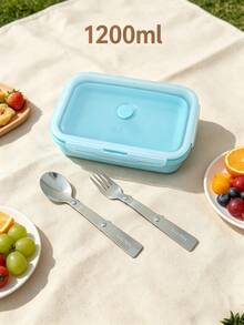 Collapsible Silicone Lunch Box Set With Lid, Food Storage Container, Collapsible Stainless Steel Utensils, Reusable, Portable, Suitable For Picnic, Camping, Office, School, Adult And Children Travel, Utensil Set, Collapsible Portable Lunch Box/Utensils, Fork, Spoon, Bento Box, Back To School Season - Multicolor - View 15