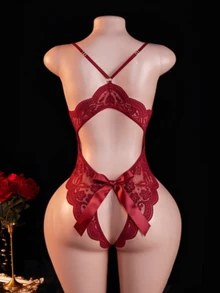 1pc Women's Sexy Open Crotch Lace Jumpsuit, Backless Sheer Bow Teddy, No-Removal Lingerie For Home Or Private Party - Burgundy - View 2