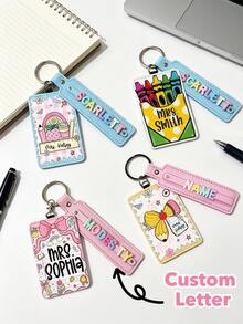 Tempat Kartu Identitas Guru Kustom, Gantungan Kunci Kulit Huruf Kustom, Tempat Kartu Identitas yang Dapat Ditarik, Gulungan Kartu Identitas Guru, Set Gulungan Kartu Identitas Guru, Kembali ke Sekolah - MultiWarna - View 2