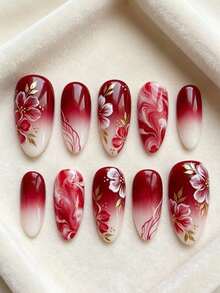 10pcs Luxury Hand-Painted Floral Press-On Nails, Burgundy Gradient, Elegant Bridal Fake Nails, Removable Wedding Nail Stickers - 紅色 - 查看 1