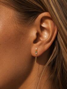 FOREVER QUEEN 1PC 925 Sterling Silver Chain Loop Stud Earring For Women, Colorful CZ Bar Front Back Chain Dangle Earring, Minimalist Cartilage Piercing Jewelry - Single Earring - View 3