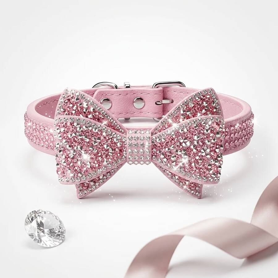 1pc Pink Rhinestone Bow Pet Collar Princess Style Cute Pet Neck Collar, Non-Choking, Fits Small And Medium Dogs, Suitable For Daily Outings, Photo Shoots, Holiday Dressing - Multicolor - View 1