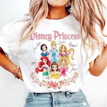 Official Licensed Disney Women Pure Cotton T-Shirt, Disney Princess Tee Featuring Snow White Cinderella Rapunzel Ariel Belle Floral Border Casual - 白色 - 查看 1