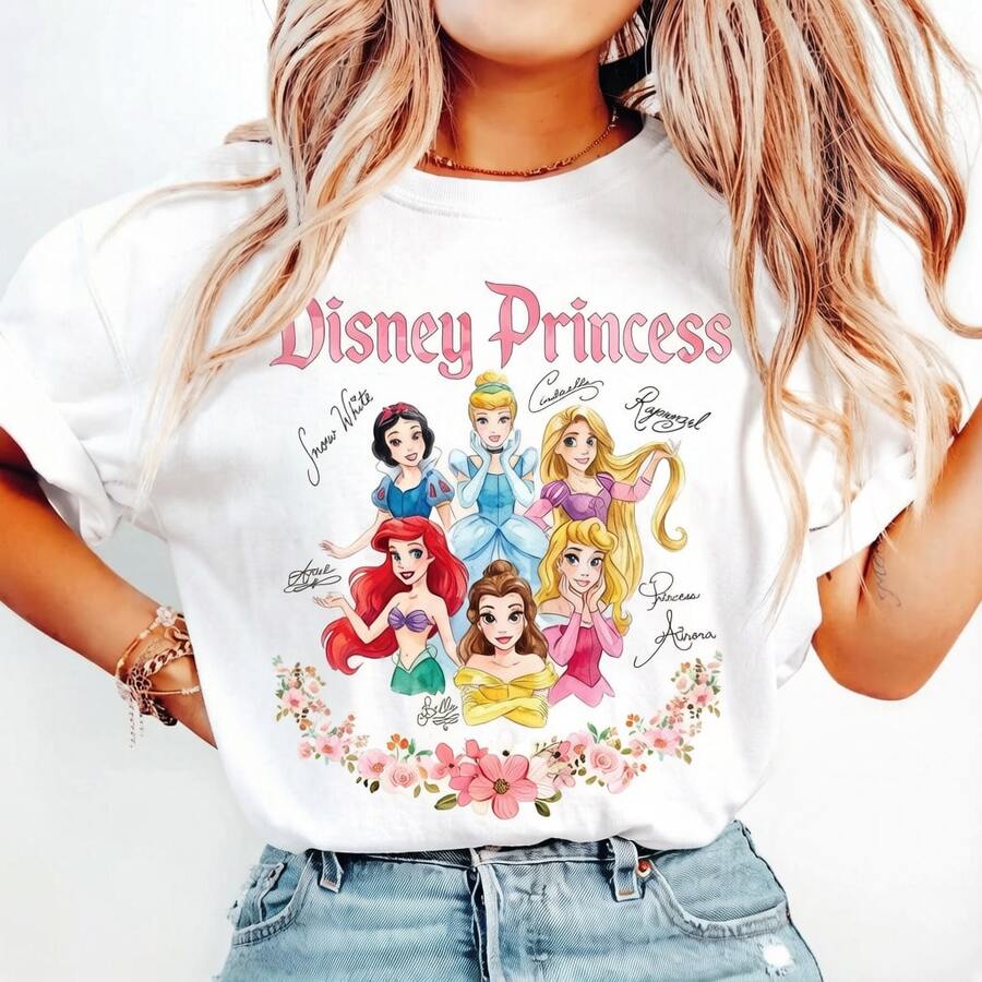 Official Licensed Disney Women Pure Cotton T-Shirt, Disney Princess Tee Featuring Snow White Cinderella Rapunzel Ariel Belle Floral Border Casual - 白色 - 查看 1