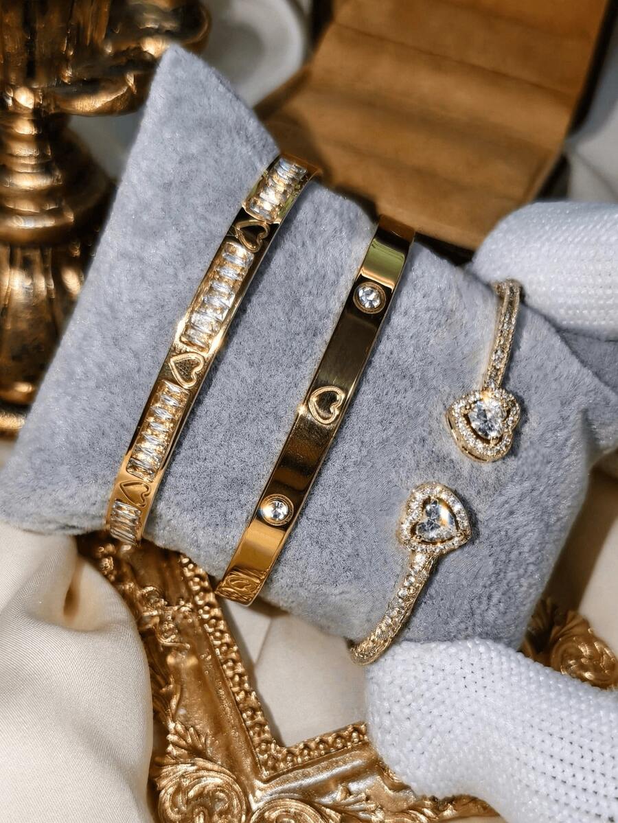 1 pieza/3 piezas Juego de pulsera de lujo de acero inoxidable chapada en oro de 18K con corazón de diamantes de imitación, combinada con brazalete abierto de cobre incrustado con circonita cúbica de alta transparencia, resistente a la decoloración, versátil para el uso diario, citas, fiestas, juego de pulseras premium para mujeres - Dorado - Ver 1
