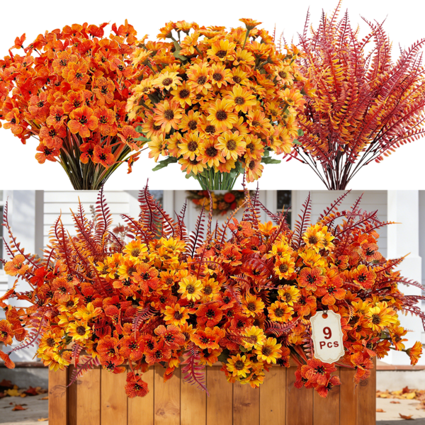 9pcs Daisy And Violet Autumn Simulation Flower With Leaves , UV Resistant Realistic Fake Flowers No Fading. Suitable Fake Violets For Garden, Courtyard, Porch, Windowsill, And Home Decor,Thanksgiving, Harvest Festival, Halloween,