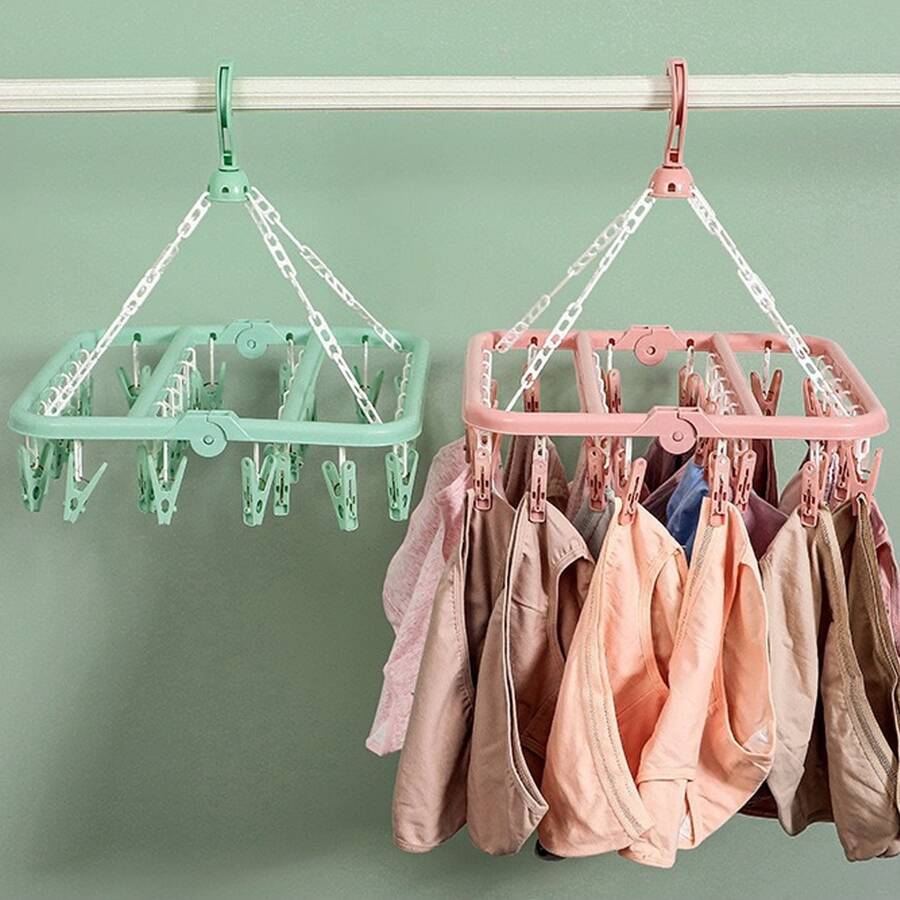 1 pieza Tendedero de secado de ropa con múltiples pinzas, estante de almacenamiento plegable de plástico con 32 pinzas, adecuado para calcetines, ropa interior y prendas pequeñas - Multicolor - Ver 1