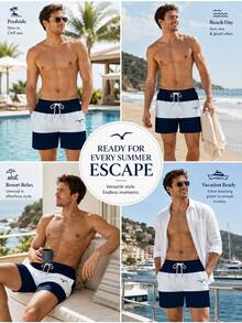 Pantalones cortos casuales de playa para vacaciones para hombre con estampado de bloques de color, cintura elástica con cordón, bolsillos inclinados y forro de malla - Blanco - Ver 7