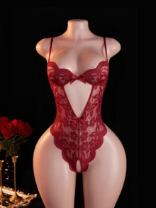 1pc Women's Sexy Open Crotch Lace Jumpsuit, Backless Sheer Bow Teddy, No-Removal Lingerie For Home Or Private Party - Burgundy - View 1